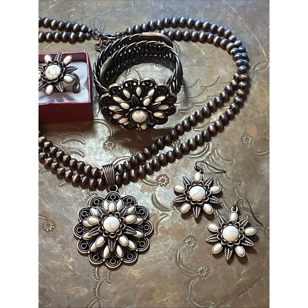 Rose Western Star Copper White Fall Necklace Earring Bracelet Ring SET Southwest - Picture 6 of 16